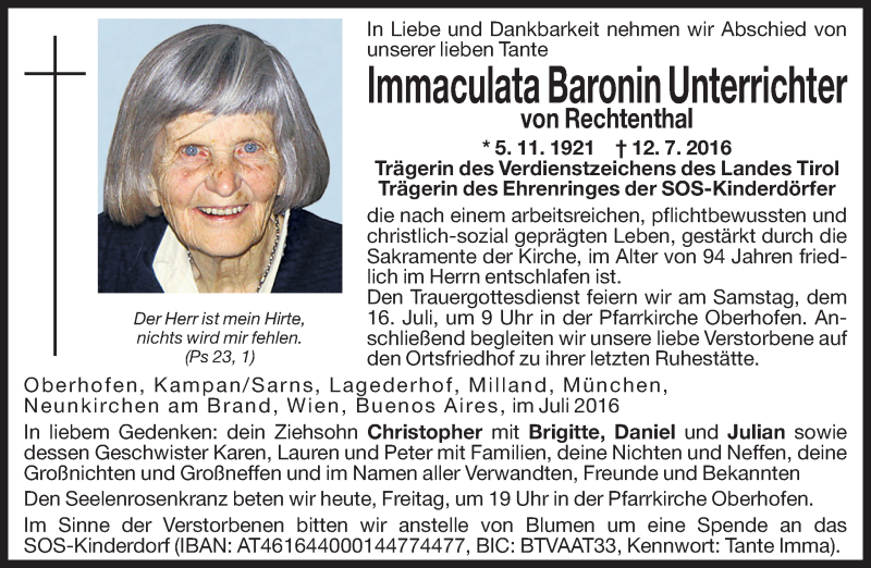  Traueranzeige für Immaculata Baronin Unterrichter vom 15.07.2016 aus Dolomiten