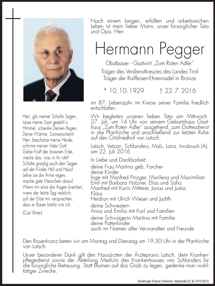  Traueranzeige für Hermann Pegger vom 25.07.2016 aus Dolomiten