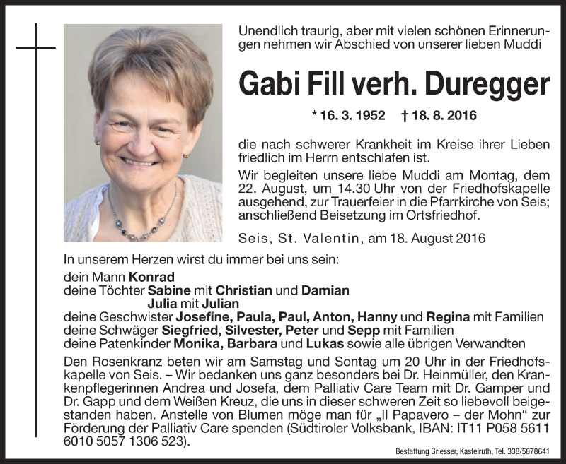  Traueranzeige für Gabi Duregger vom 20.08.2016 aus Dolomiten