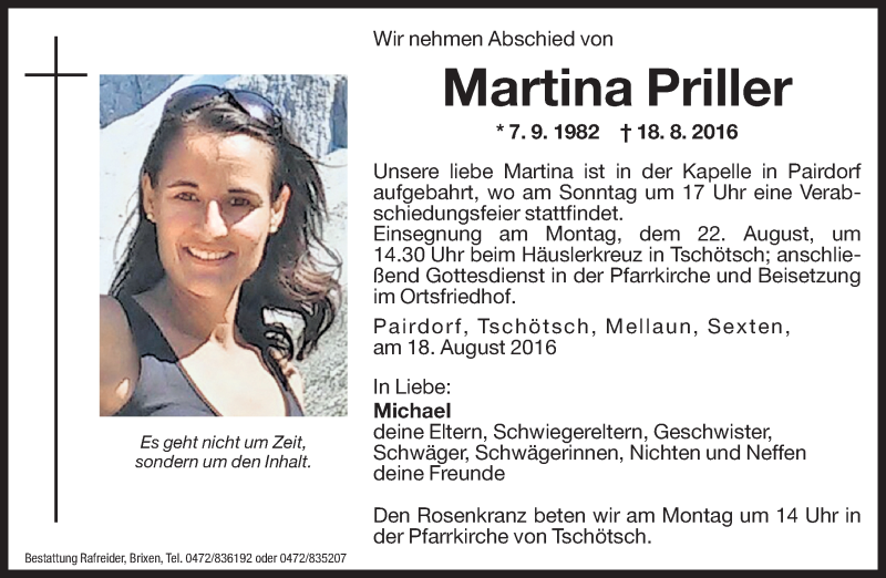  Traueranzeige für Martina Priller vom 20.08.2016 aus Dolomiten
