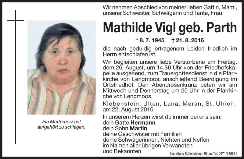  Traueranzeige für Mathilde Vigl vom 23.08.2016 aus Dolomiten