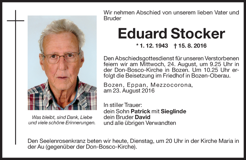  Traueranzeige für Eduard Stocker vom 23.08.2016 aus Dolomiten