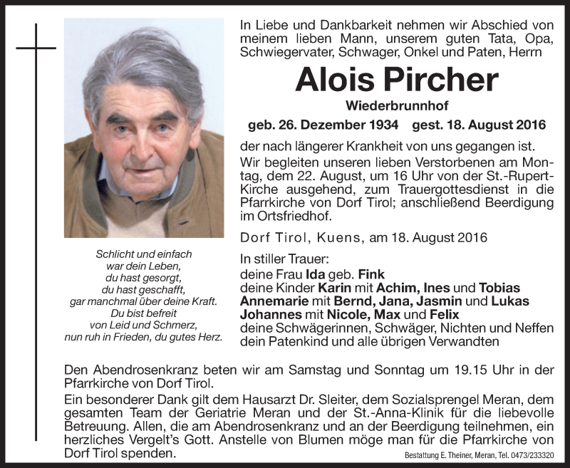  Traueranzeige für Alois Pircher vom 20.08.2016 aus Dolomiten