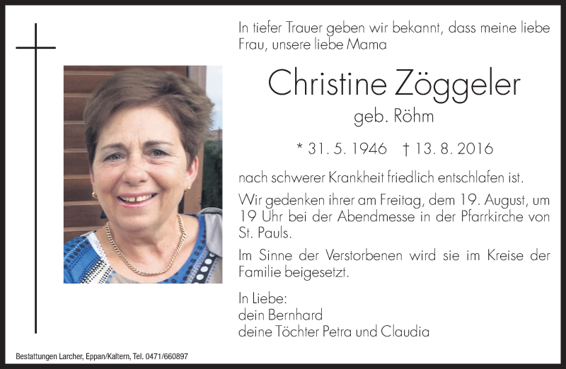  Traueranzeige für Christine Zöggeler vom 19.08.2016 aus Dolomiten