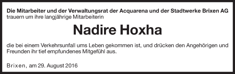  Traueranzeige für Nadire Hoxha vom 30.08.2016 aus Dolomiten
