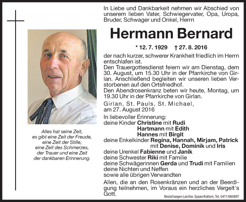  Traueranzeige für Hermann Bernard vom 29.08.2016 aus Dolomiten