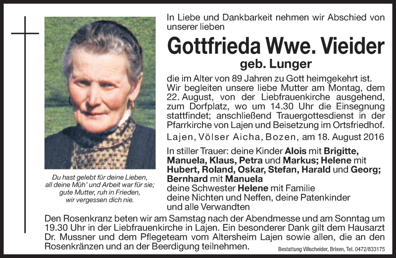  Traueranzeige für Gottfrieda Vieider vom 20.08.2016 aus Dolomiten