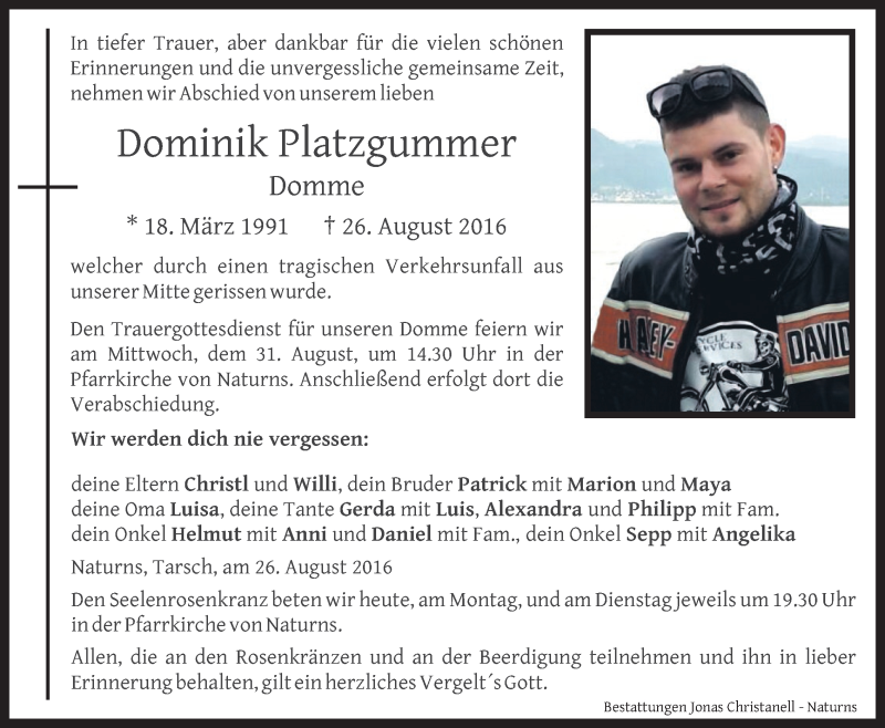  Traueranzeige für Dominik Platzgummer vom 29.08.2016 aus Dolomiten