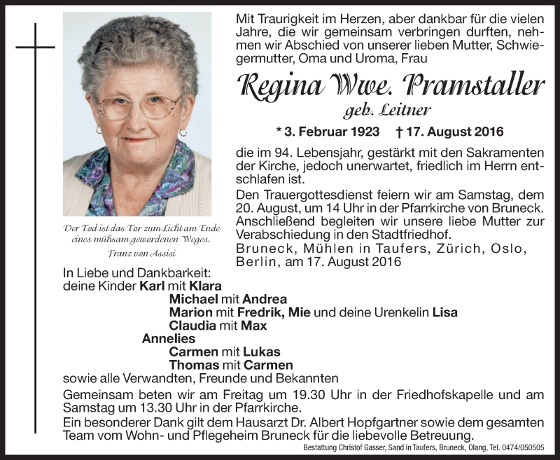  Traueranzeige für Regina Pramstaller vom 19.08.2016 aus Dolomiten
