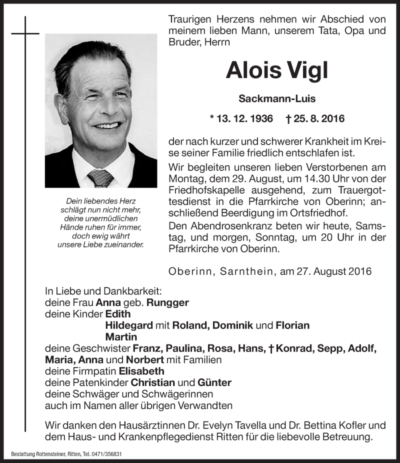  Traueranzeige für Alois Vigl vom 27.08.2016 aus Dolomiten