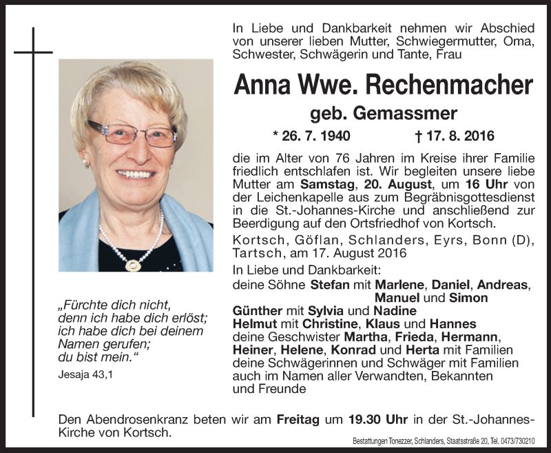  Traueranzeige für Anna Rechenmacher vom 19.08.2016 aus Dolomiten