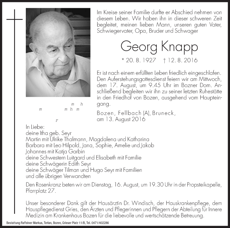  Traueranzeige für Georg Knapp vom 13.08.2016 aus Dolomiten