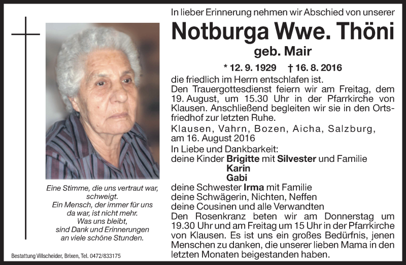  Traueranzeige für Notburga Thöni vom 18.08.2016 aus Dolomiten