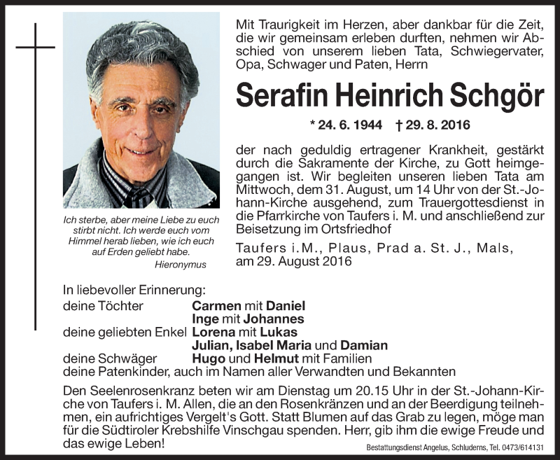  Traueranzeige für Serafin Heinrich Schgör vom 30.08.2016 aus Dolomiten