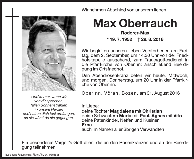  Traueranzeige für Max Oberrauch vom 31.08.2016 aus Dolomiten