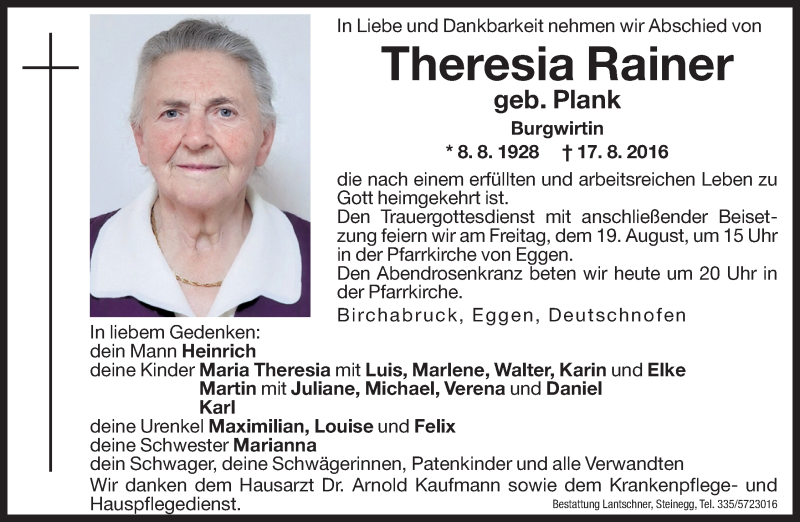  Traueranzeige für Theresia Rainer vom 18.08.2016 aus Dolomiten