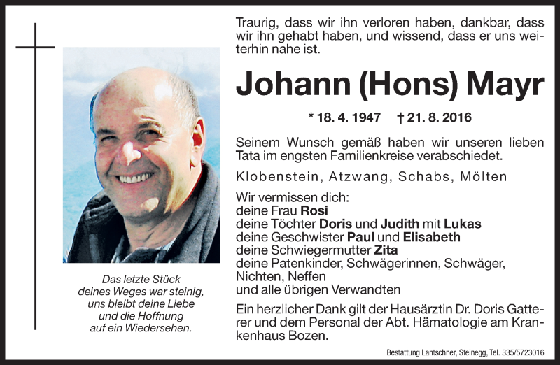  Traueranzeige für Johann Mayr vom 24.08.2016 aus Dolomiten