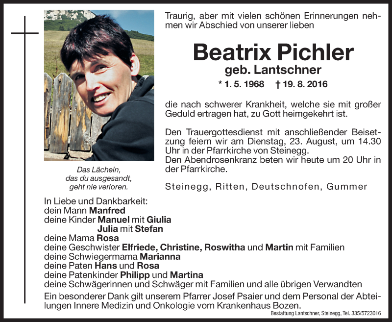  Traueranzeige für Beatrix Pichler vom 22.08.2016 aus Dolomiten