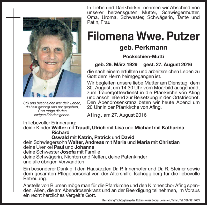  Traueranzeige für Filomena Putzer vom 29.08.2016 aus Dolomiten