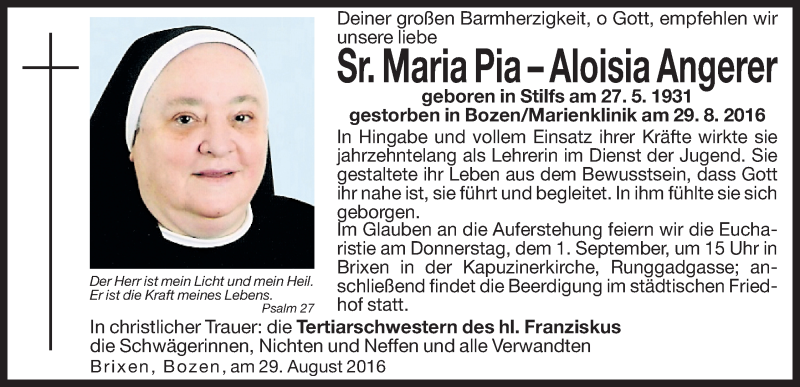  Traueranzeige für Maria Pia-Aloisia Angerer vom 31.08.2016 aus Dolomiten