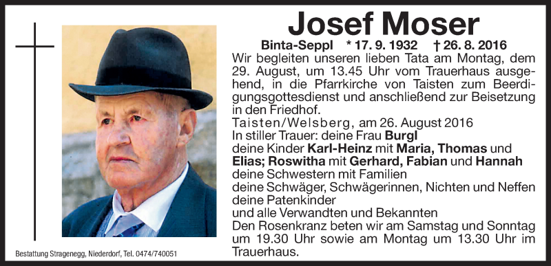  Traueranzeige für Josef Moser vom 27.08.2016 aus Dolomiten