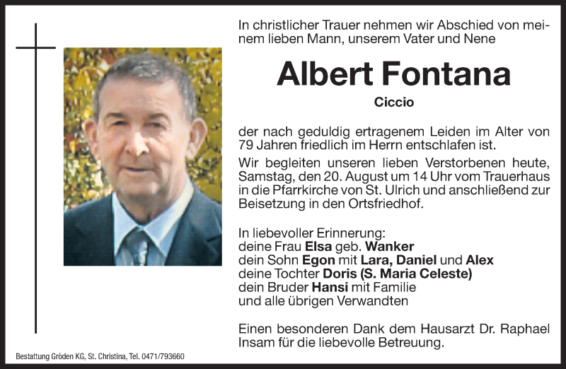  Traueranzeige für Albert Fontana vom 20.08.2016 aus Dolomiten