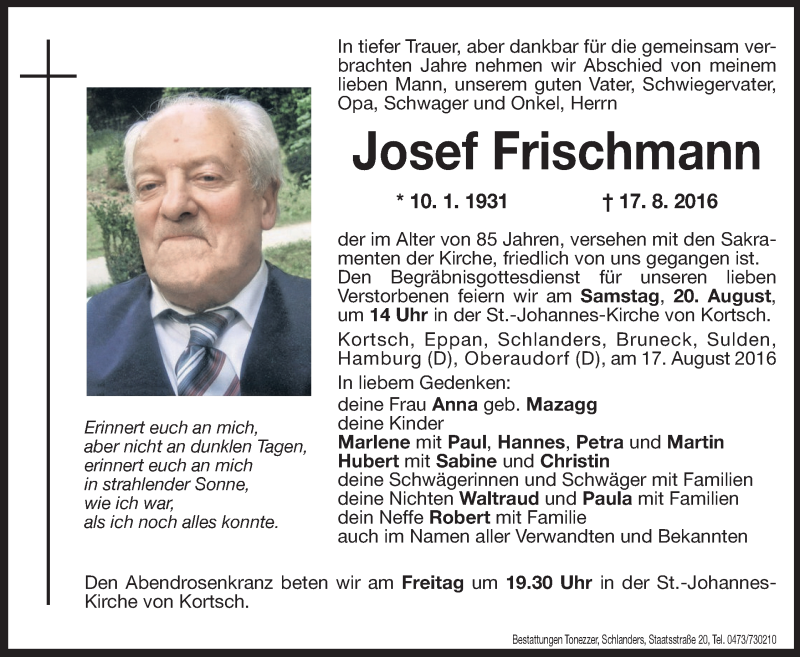 Traueranzeige für Josef Frischmann vom 19.08.2016 aus Dolomiten