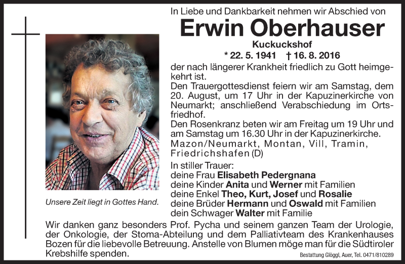  Traueranzeige für Erwin Oberhauser vom 18.08.2016 aus Dolomiten