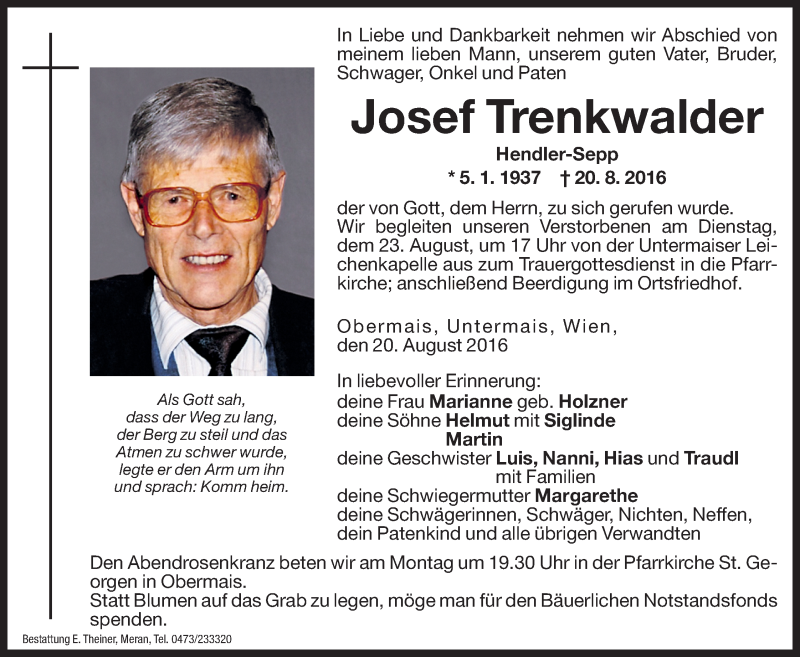  Traueranzeige für Josef Trenkwalder vom 22.08.2016 aus Dolomiten