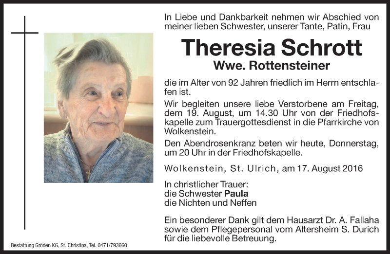  Traueranzeige für Theresia Rottensteiner vom 18.08.2016 aus Dolomiten