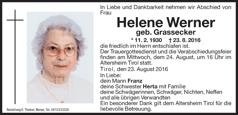  Traueranzeige für Helene Werner vom 24.08.2016 aus Dolomiten