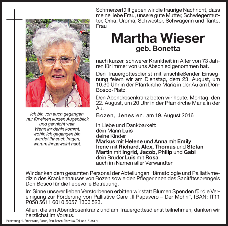  Traueranzeige für Martha Wieser vom 22.08.2016 aus Dolomiten