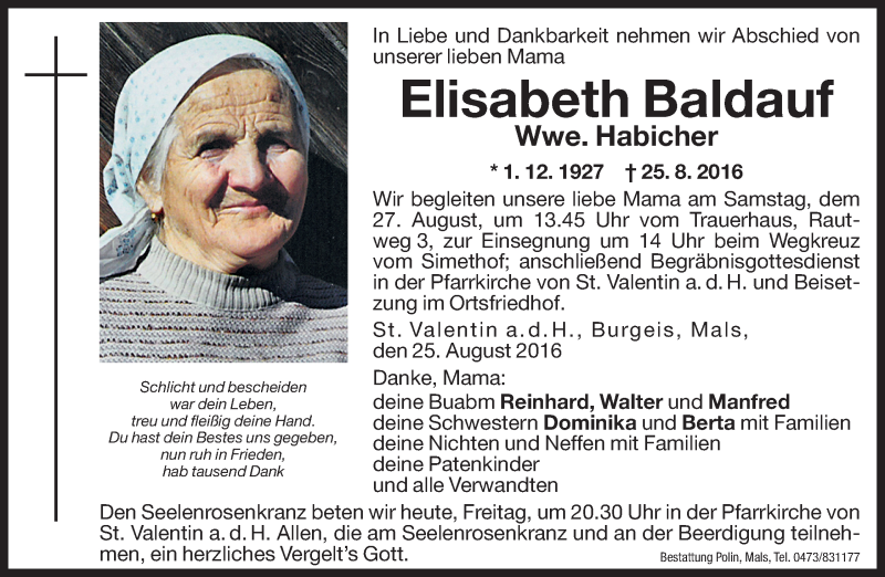  Traueranzeige für Elisabeth Habicher vom 26.08.2016 aus Dolomiten