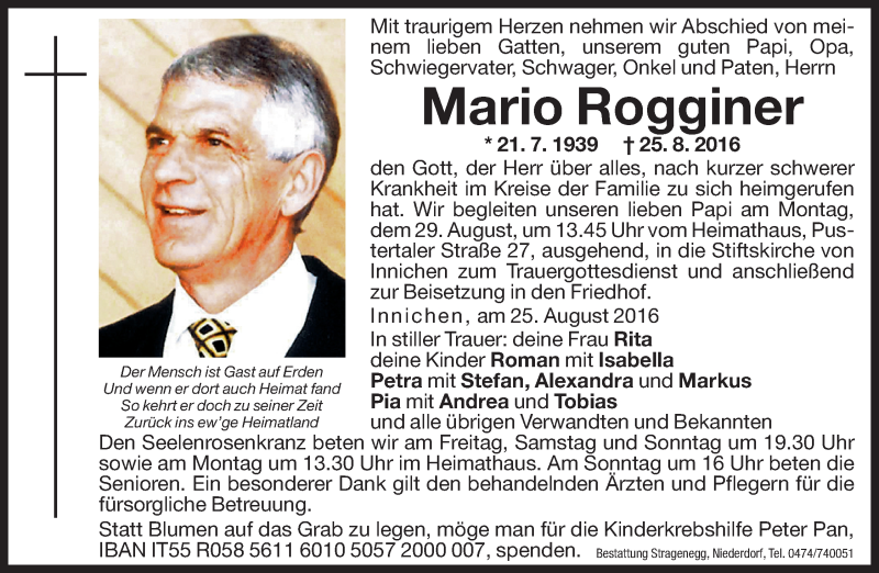  Traueranzeige für Mario Rogginer vom 26.08.2016 aus Dolomiten