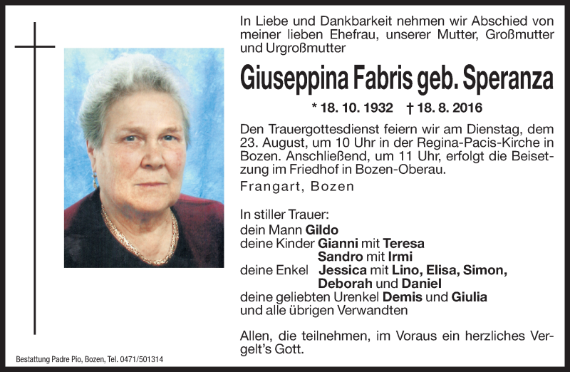  Traueranzeige für Giuseppina Fabris vom 22.08.2016 aus Dolomiten