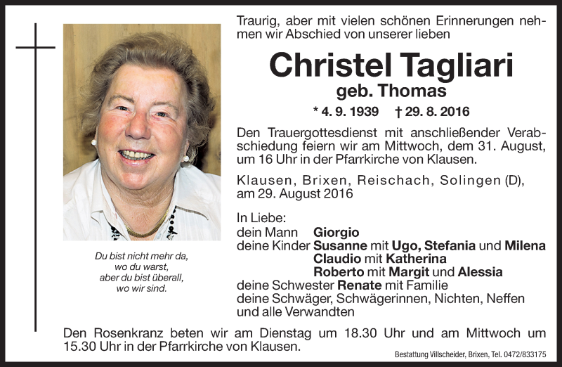  Traueranzeige für Christel Tagliari vom 30.08.2016 aus Dolomiten