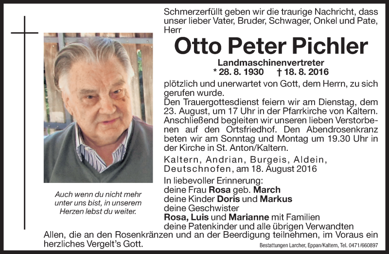 Traueranzeige für Otto Peter Pichler vom 20.08.2016 aus Dolomiten