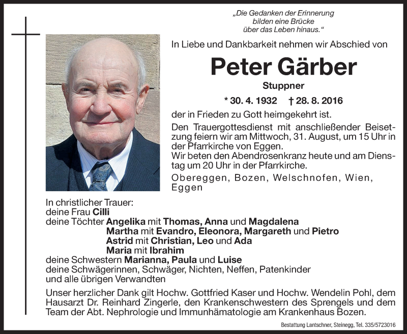  Traueranzeige für Peter Gärber vom 29.08.2016 aus Dolomiten