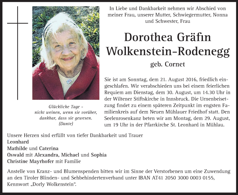  Traueranzeige für Dorothea Wolkenstein-Rodenegg vom 27.08.2016 aus Dolomiten