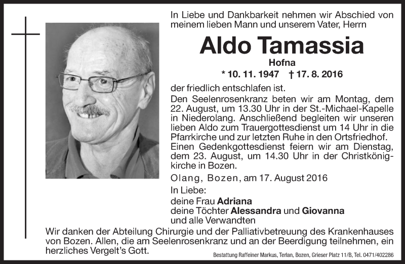  Traueranzeige für Aldo Tamassia vom 20.08.2016 aus Dolomiten