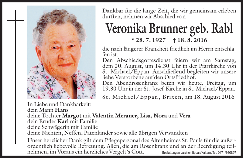  Traueranzeige für Veronika Brunner vom 19.08.2016 aus Dolomiten