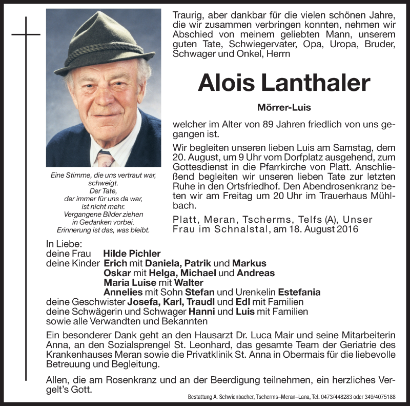  Traueranzeige für Alois Lanthaler vom 19.08.2016 aus Dolomiten