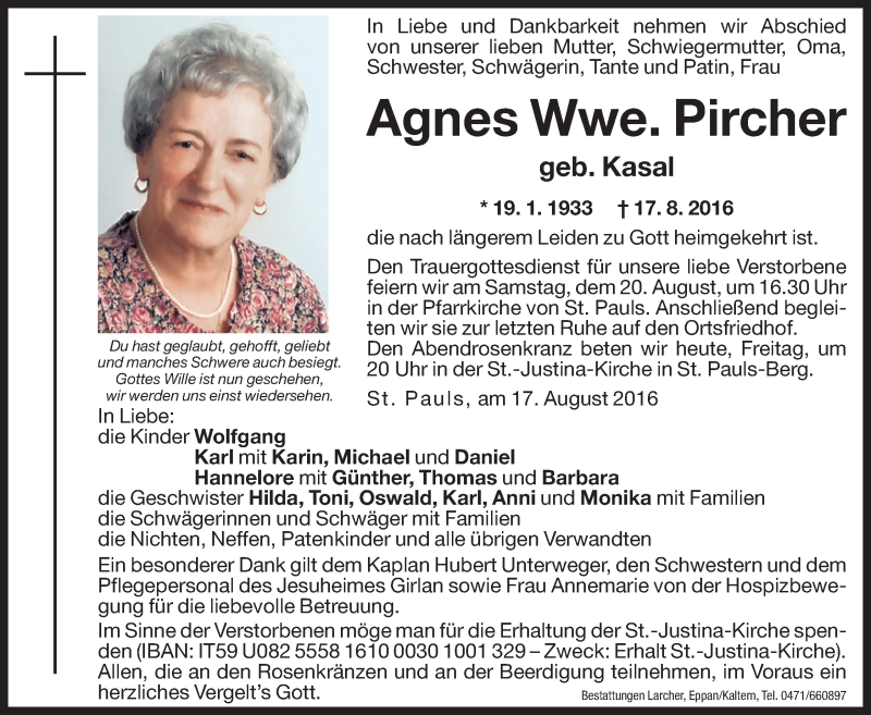  Traueranzeige für Agnes Pircher vom 19.08.2016 aus Dolomiten