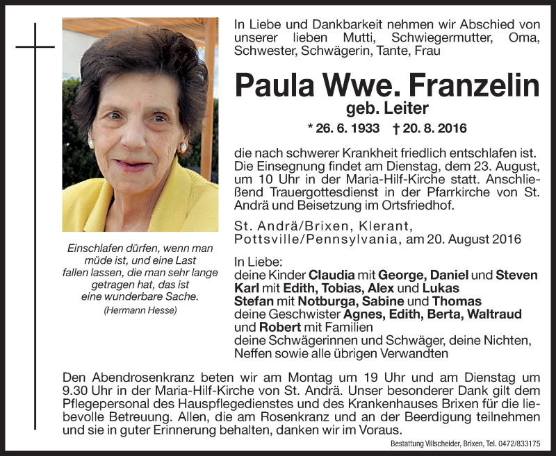  Traueranzeige für Paula Franzelin vom 22.08.2016 aus Dolomiten