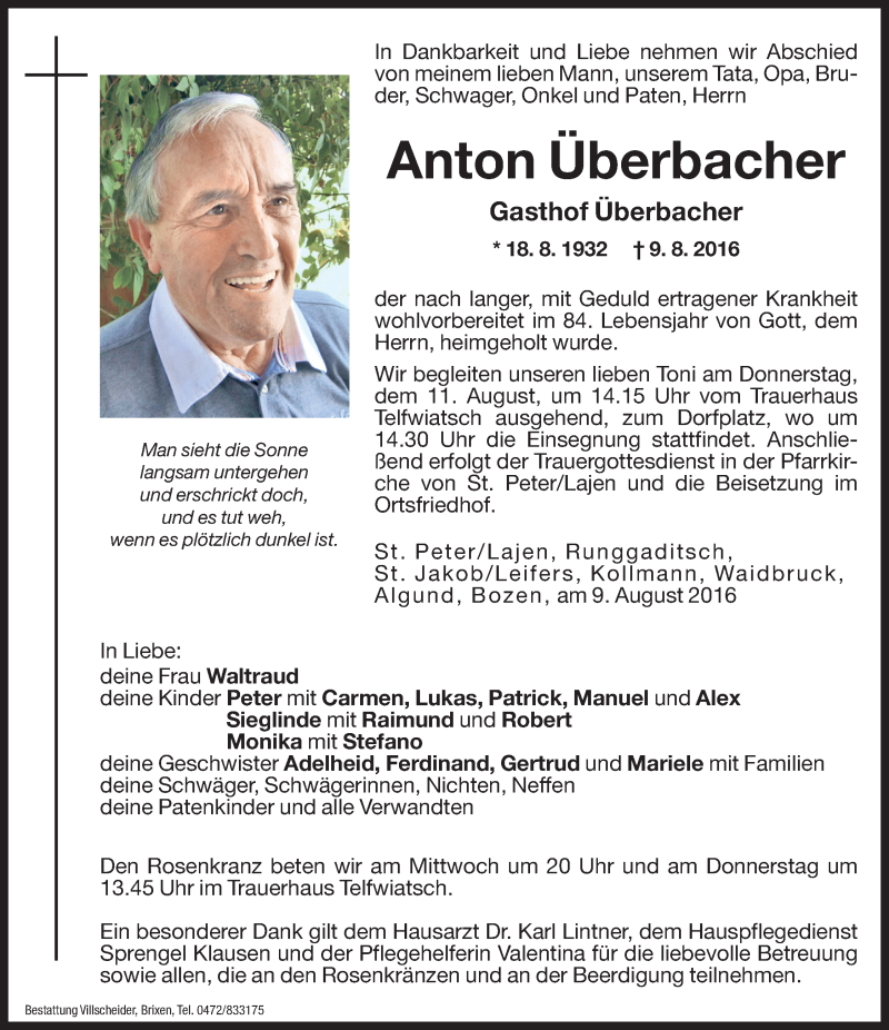  Traueranzeige für Anton Überbacher vom 10.08.2016 aus Dolomiten