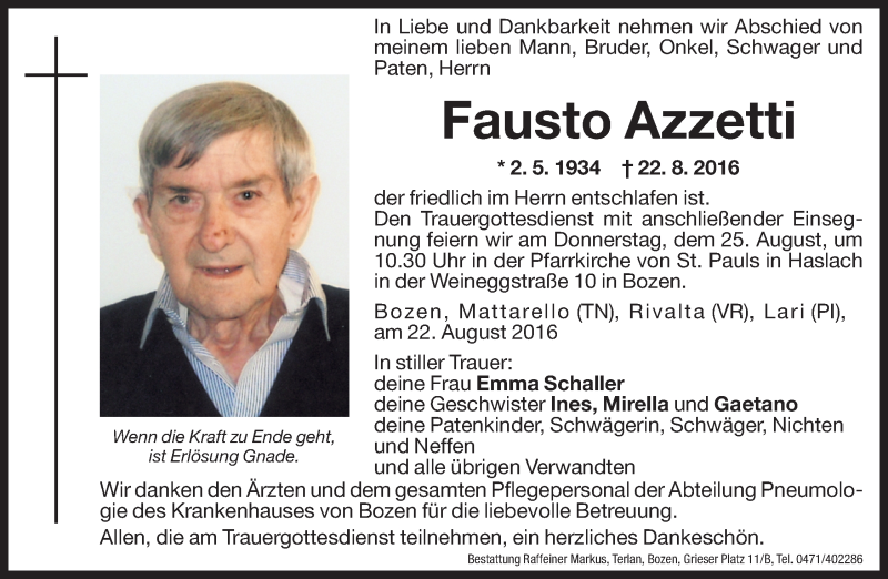  Traueranzeige für Fausto Azzetti vom 23.08.2016 aus Dolomiten