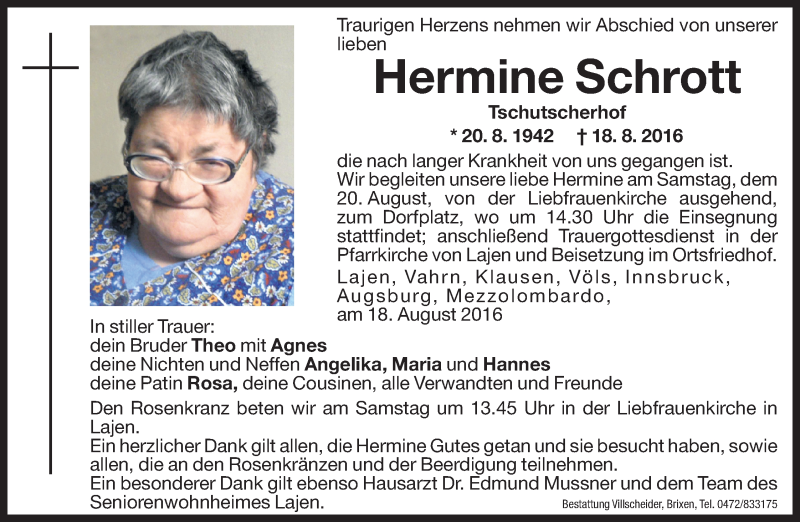  Traueranzeige für Hermine Schrott vom 20.08.2016 aus Dolomiten
