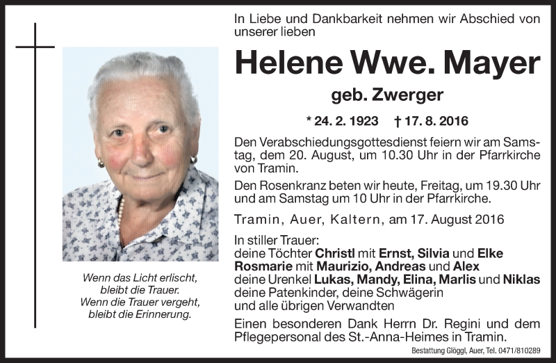  Traueranzeige für Helene Mayer vom 19.08.2016 aus Dolomiten