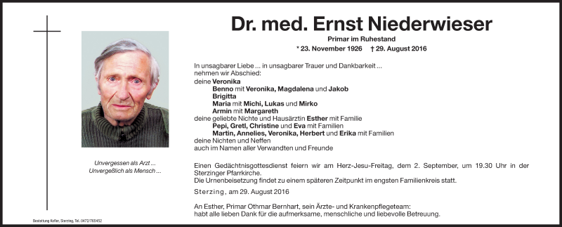  Traueranzeige für Ernst Niederwieser vom 31.08.2016 aus Dolomiten