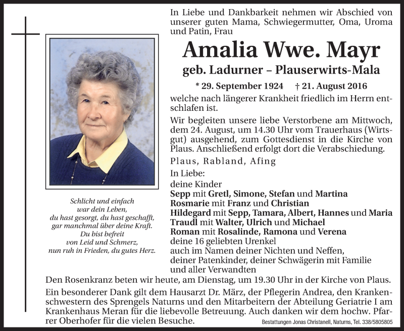  Traueranzeige für Amalia Mayr vom 23.08.2016 aus Dolomiten